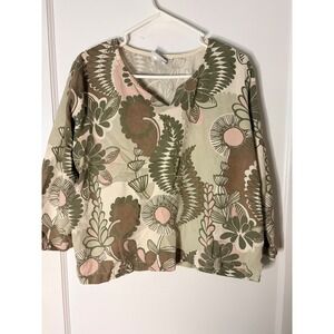 Hot Cotton by Marc Ware Floral V-Neck Blouse Green Pink Brown Large Made in USA